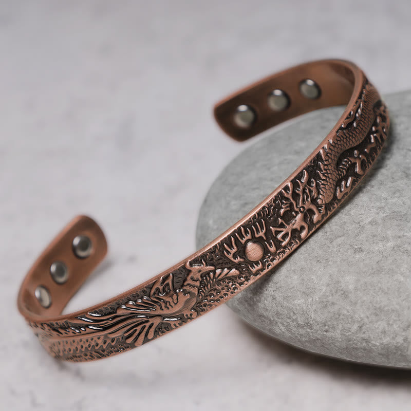 Dragon Phoenix Copper Cuff Bracelet – Mythological relief carving with pearl motif on copper, gray stone, Strength