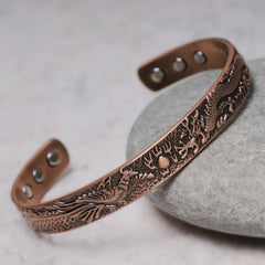 Dragon Phoenix Copper Cuff Bracelet – Mythological relief carving with pearl motif on copper, gray stone, Strength