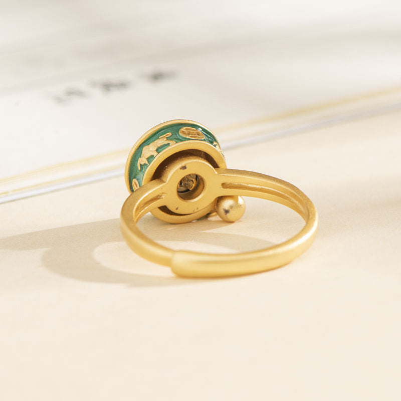 Yin Yang Copper Rotatable Ring - adjustable gold band with green enamel top, spinner detail