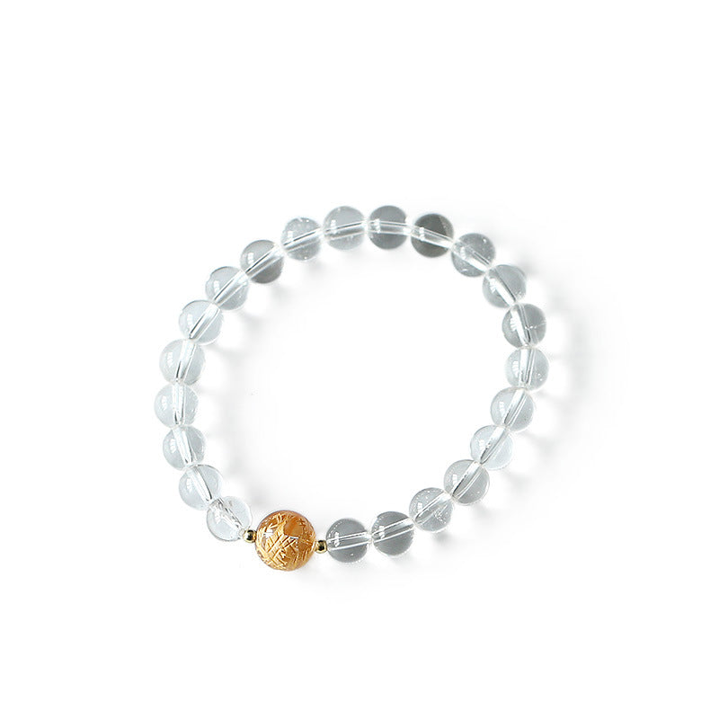 Black Obsidian White Crystal Onyx Dragon Bracelet - Clear quartz with diamond-cut gold focal bead on white, Luck