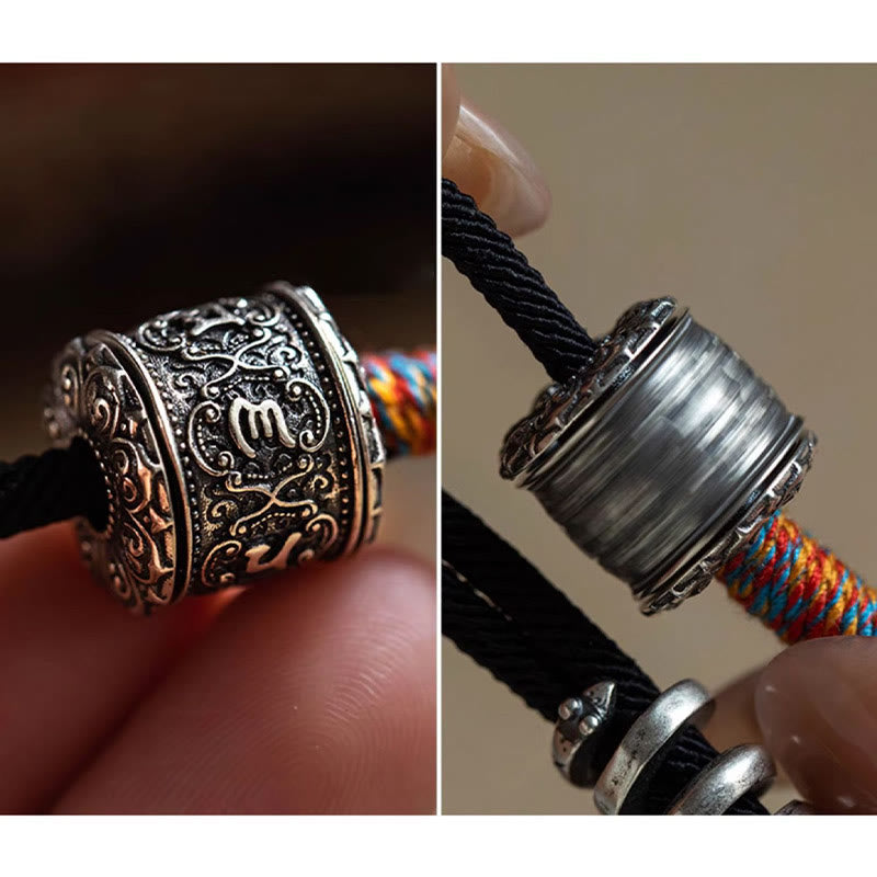 Tibetan Om Mani Padme Hum Wrap Bracelet – Four-panel detail collage showing mantra bead, S925 rings, cylinder side and fish-tail charm close-ups