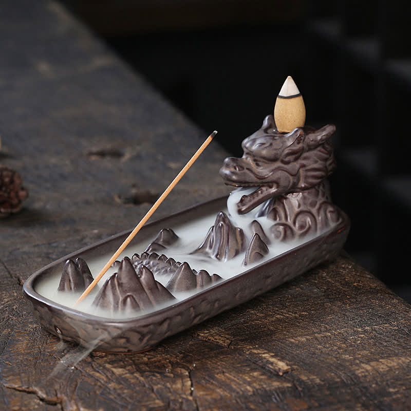 Dragon Mountain Burner - dual cone and stick incense flowing smoke, calming, feng shui