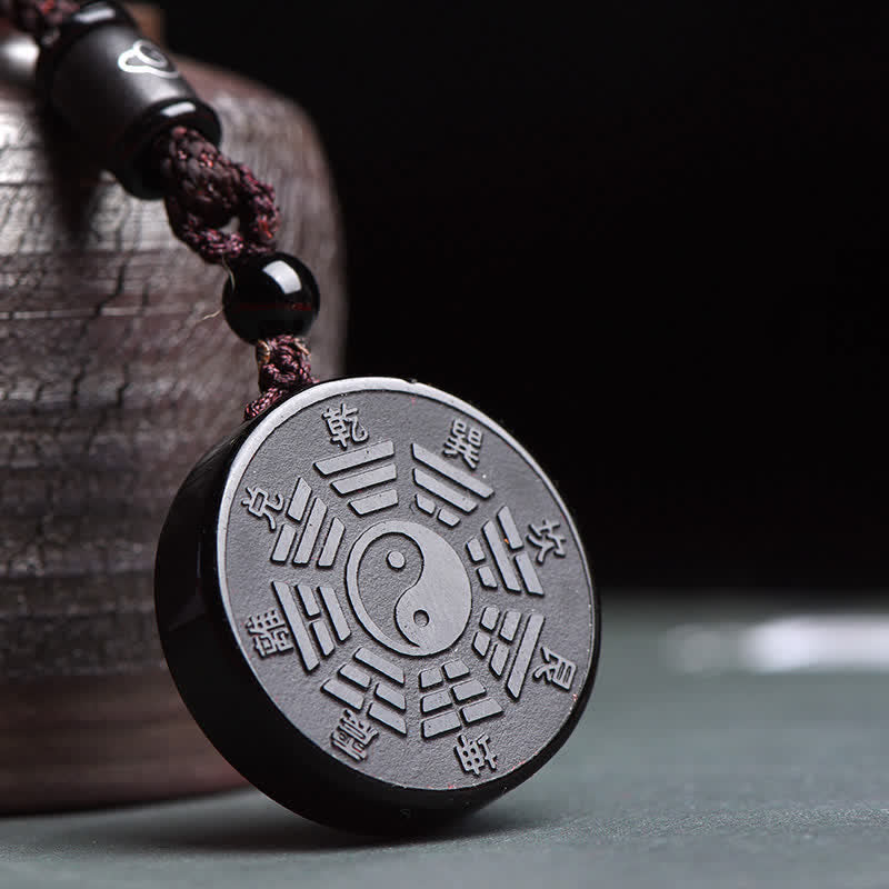 Black Obsidian Bagua Yin Yang Pendant - Obsidian bagua pendant with etched trigrams, black stone necklace