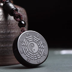 Black Obsidian Bagua Yin Yang Pendant - Obsidian bagua pendant with etched trigrams, black stone necklace