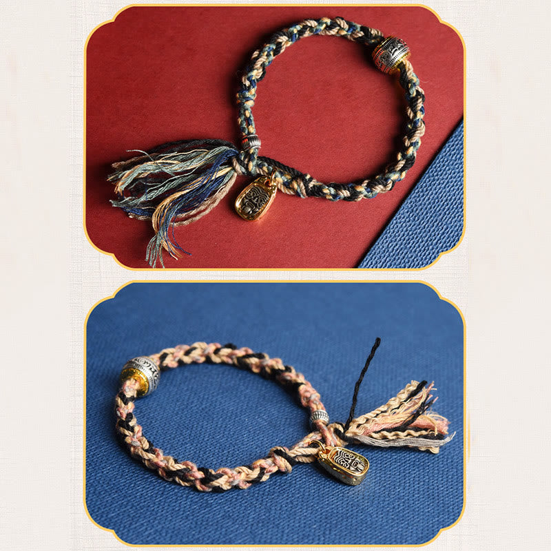 Zakiram Goddess Bracelet – Framed dual-panel showing navy and pink braided cord variants with tassel details