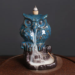 Owl Backflow Incense Burner - teal owl on stump with cascading smoke, peaceful