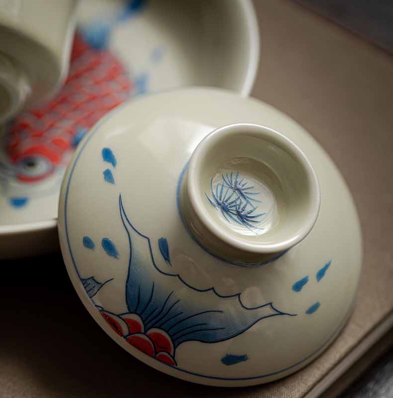 Koi Sancai Cup – lid off revealing saucer and cup interior, gaiwan tea set