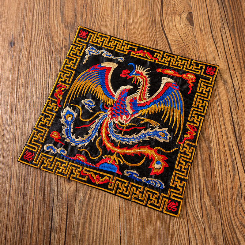 Phoenix Dragon Kirin Embroidery Tea Cup Mat - Black base gold blue red phoenix shou, Phoenix Splendor