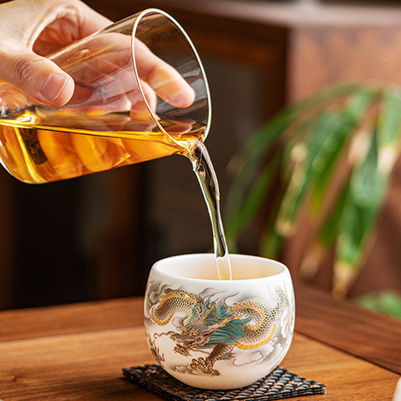Dragon Phoenix Clouds Ceramic Teacup Gift Set – Tea pouring, gold and teal dragon exterior, glass pitcher, ceremony