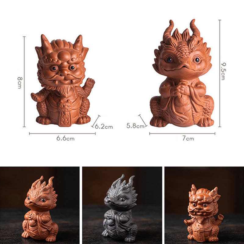 Luck Dragon Tea Pet - two terracotta guardian creatures on white background