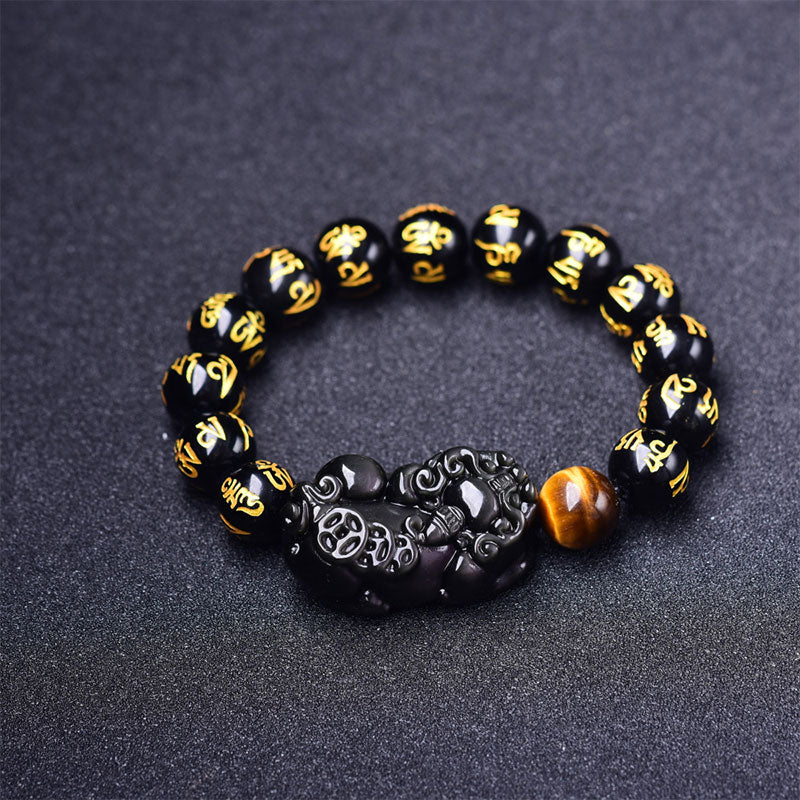 Obsidian PiXiu Rainbow Obsidian Wealth Bracelet – Black obsidian beads with gold mantras and carved PiXiu