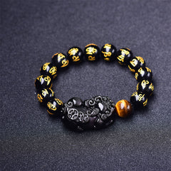 Obsidian PiXiu Rainbow Obsidian Wealth Bracelet – Black obsidian beads with gold mantras and carved PiXiu
