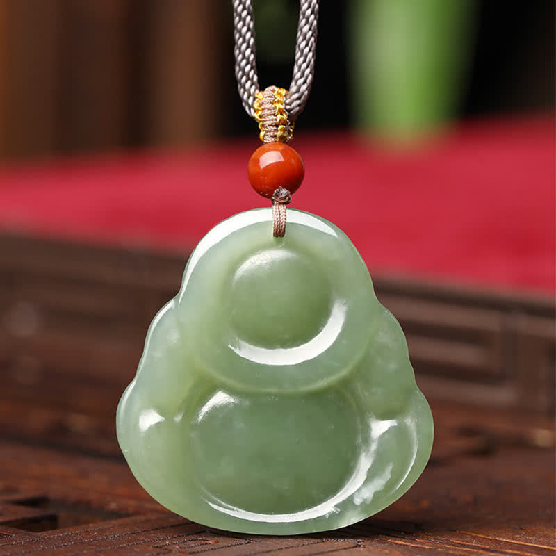 Hetian Jade Laughing Buddha Abundance String Necklace Pendant – back carving flowing robe lines, intricate jade sculpture