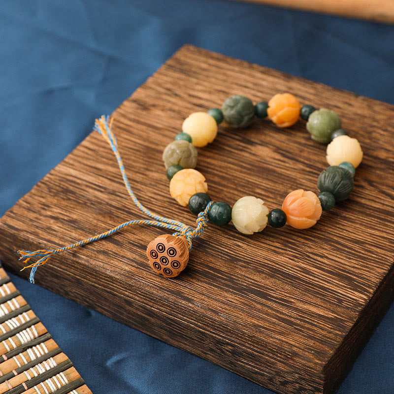 Bodhi Seed Moss Agate Lotus Peace Bracelet - multi-tone lotus beads with pod charm, zen