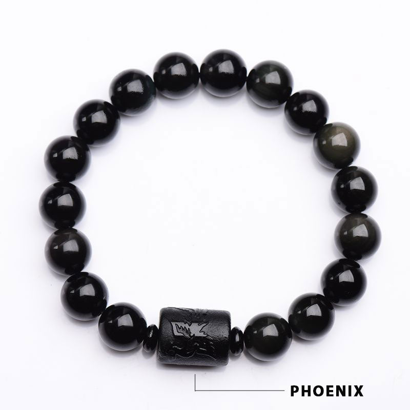 Black Obsidian Phoenix Dragon Bracelet – Phoenix carved centerpiece on black stone beads, Protection