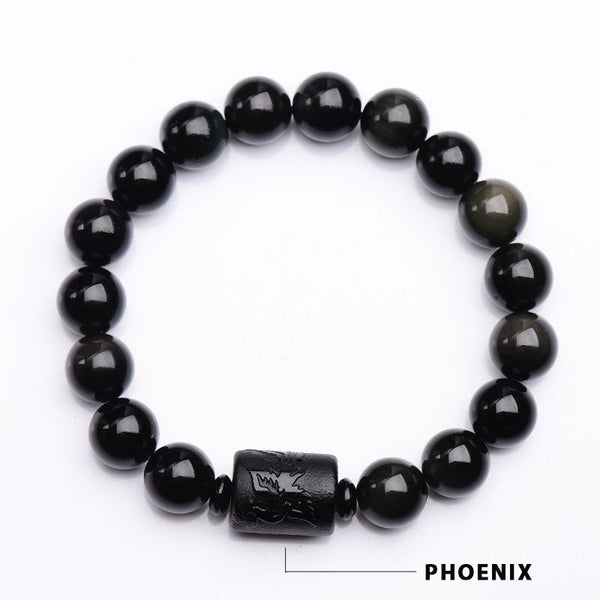 Black Obsidian Phoenix Dragon Bracelet – Phoenix carved centerpiece on black stone beads, Protection