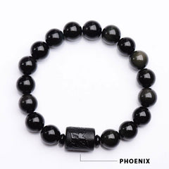 Black Obsidian Phoenix Dragon Bracelet – Phoenix carved centerpiece on black stone beads, Protection