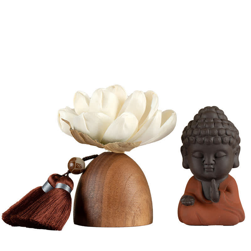 Black Peach Wood Buddha Flower Decoration – back view smooth polished dark surface, office desk ornament
