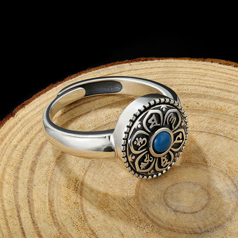 Tibetan Om Mani Padme Hum Ring – Blue stone S925 stamp detail, Tibetan ring