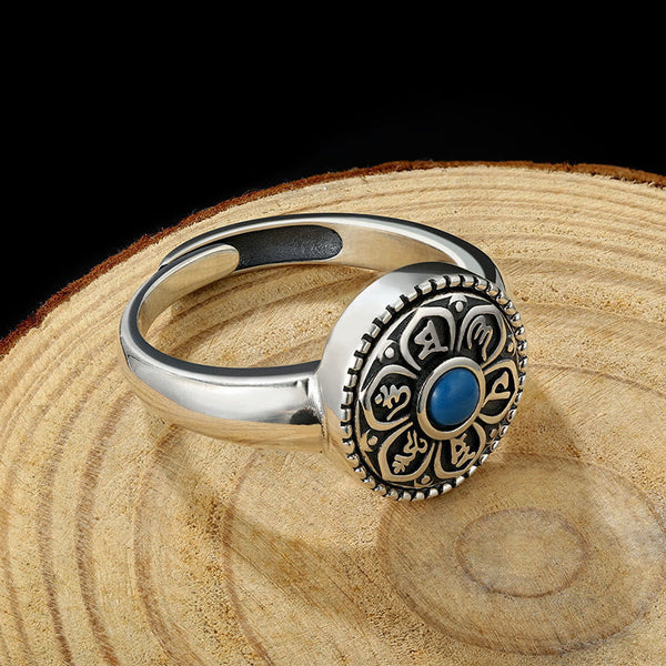 Tibetan Om Mani Padme Hum Ring – Blue stone S925 stamp detail, Tibetan ring