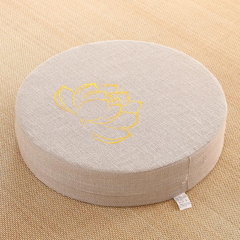 Beige Lotus Zafu - Cotton linen meditation cushion with gold embroidered lotus detail