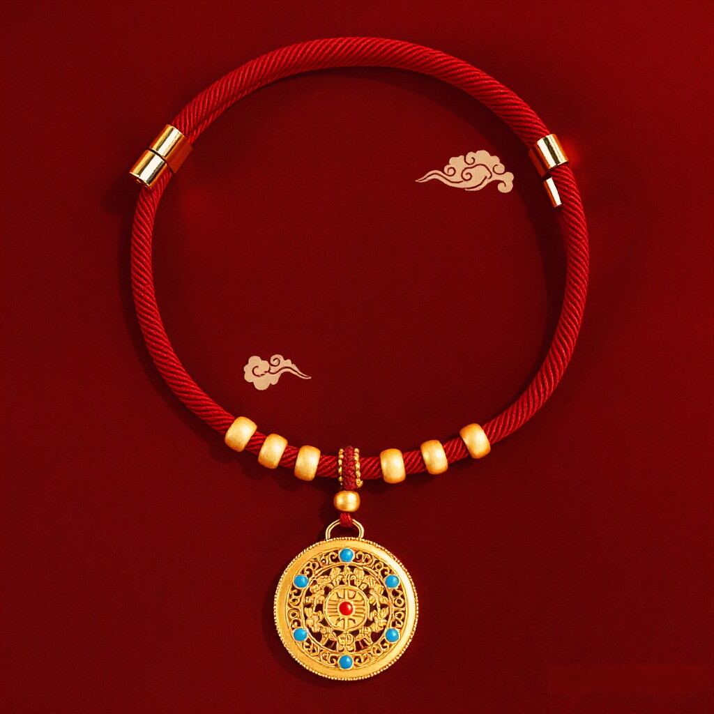 CNY Red Rope Pet Collar - Red cord with gold filigree medallion and turquoise stones, festive lucky pet collar