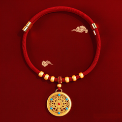 CNY Red Rope Pet Collar - Red cord with gold filigree medallion and turquoise stones, festive lucky pet collar