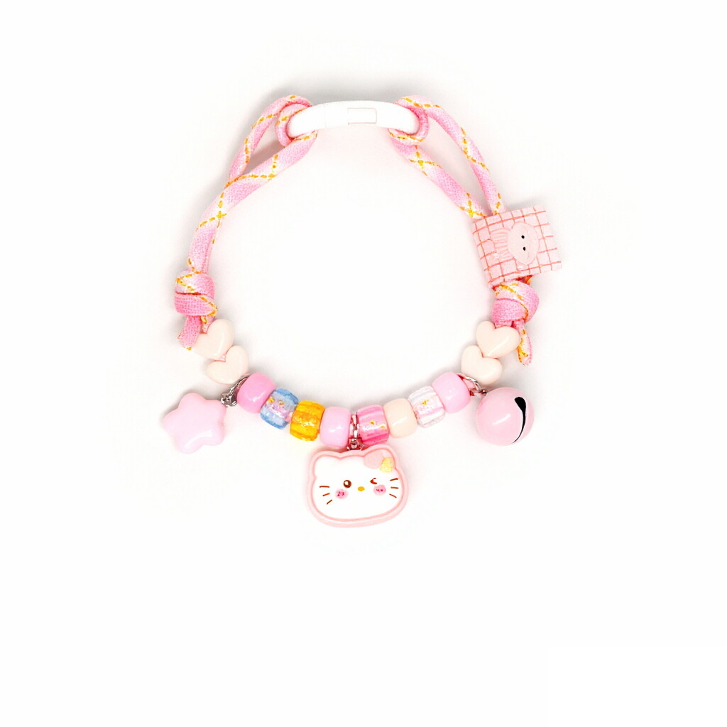 Cat Collar – Pink gingham rope with Hello Kitty face, star & pink bell, Sanrio kawaii pet collar