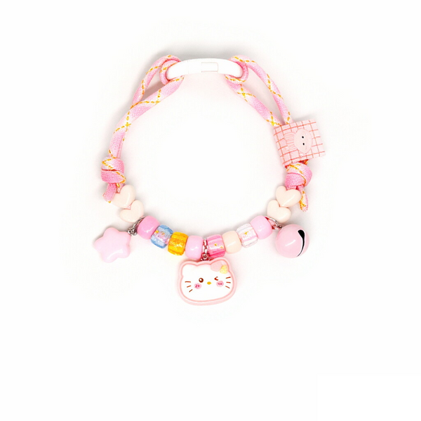 Cat Collar – Pink gingham rope with Hello Kitty face, star & pink bell, Sanrio kawaii pet collar