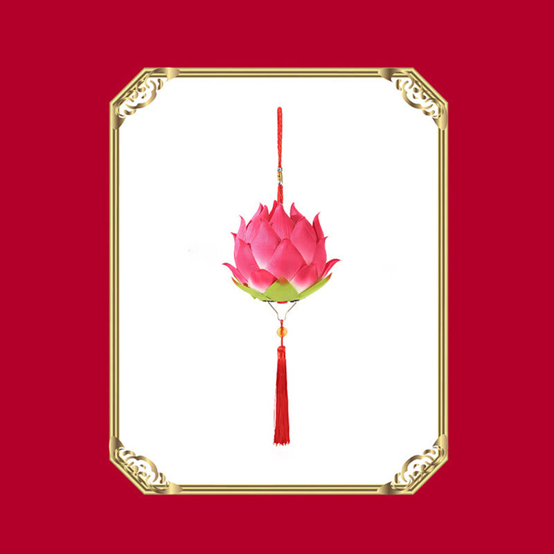DIY Lotus Dragon Lantern Tassel Lamp – Golden lotus lantern with dragon handle on pure white studio, Frontal elegance