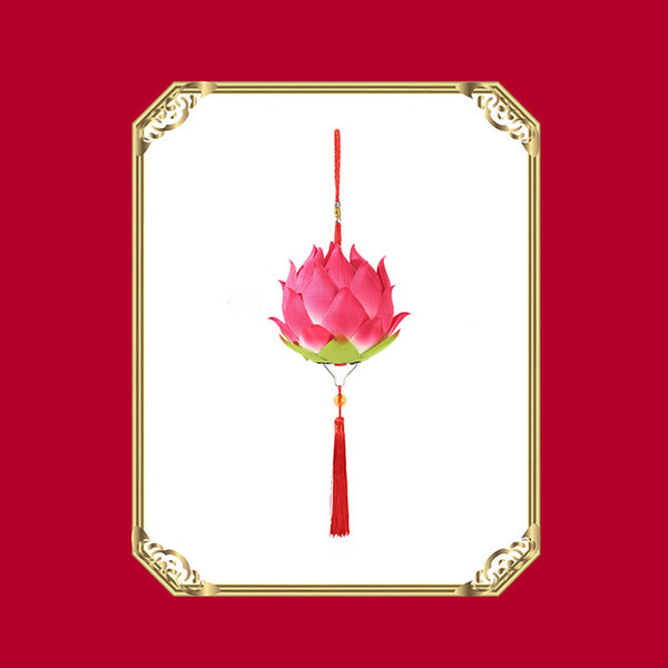 DIY Lotus Dragon Lantern Tassel Lamp – Golden lotus lantern with dragon handle on pure white studio, Frontal elegance