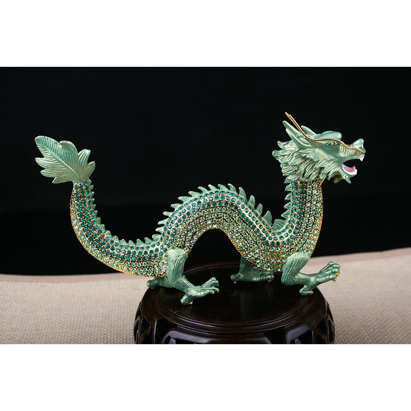 Handmade Feng Shui Dragon Decoration – Mint green crystal dragon on dark wood stand, full length profile, Auspicious