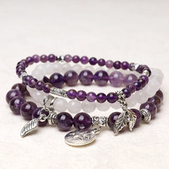 Crystal Lotus Bracelet Set – amethyst and white quartz stacked with silver lotus charm, crystal bracelet