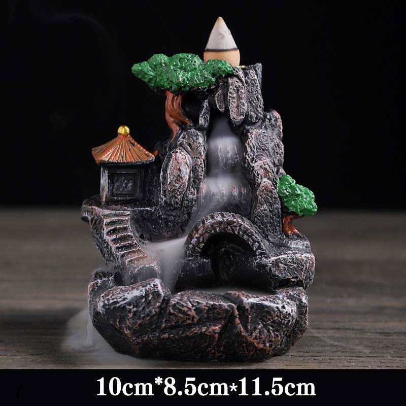 Resin Backflow Incense Burner – Cliff with stone bridge, stairs, pagoda and smoke waterfall, 10x8.5x11.5cm