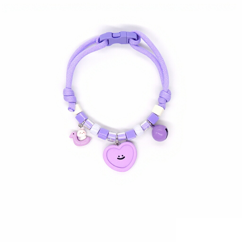 Cute Cat Collar – Purple braided rope with duck rider, smiley heart & purple bell, kawaii necklace
