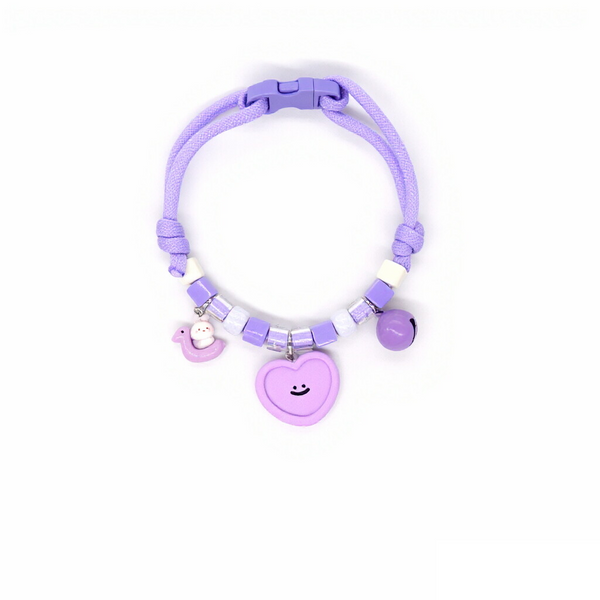 Cute Cat Collar – Purple braided rope with duck rider, smiley heart & purple bell, kawaii necklace