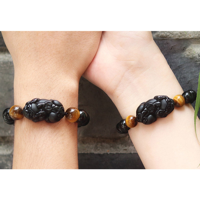 FengShui PiXiu Rainbow Obsidian Bracelet – couple wearing matching bracelets, his and hers set, good luck wealth charm