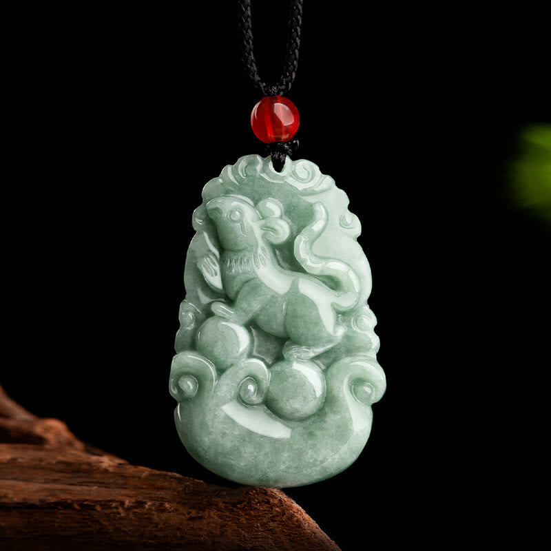 Green Jade Zodiac Necklace - Rat pendant with scalloped edge and ruyi scroll, birth year gift