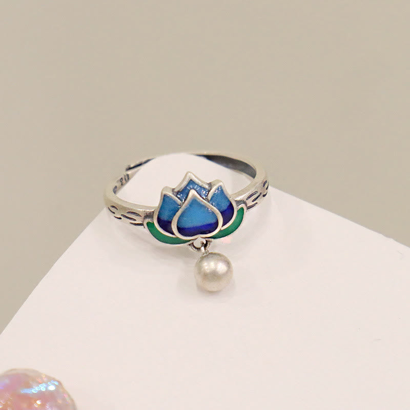 Lotus Flower Copper Ring - blue green enamel lotus with pearl drop on white display, enlightening