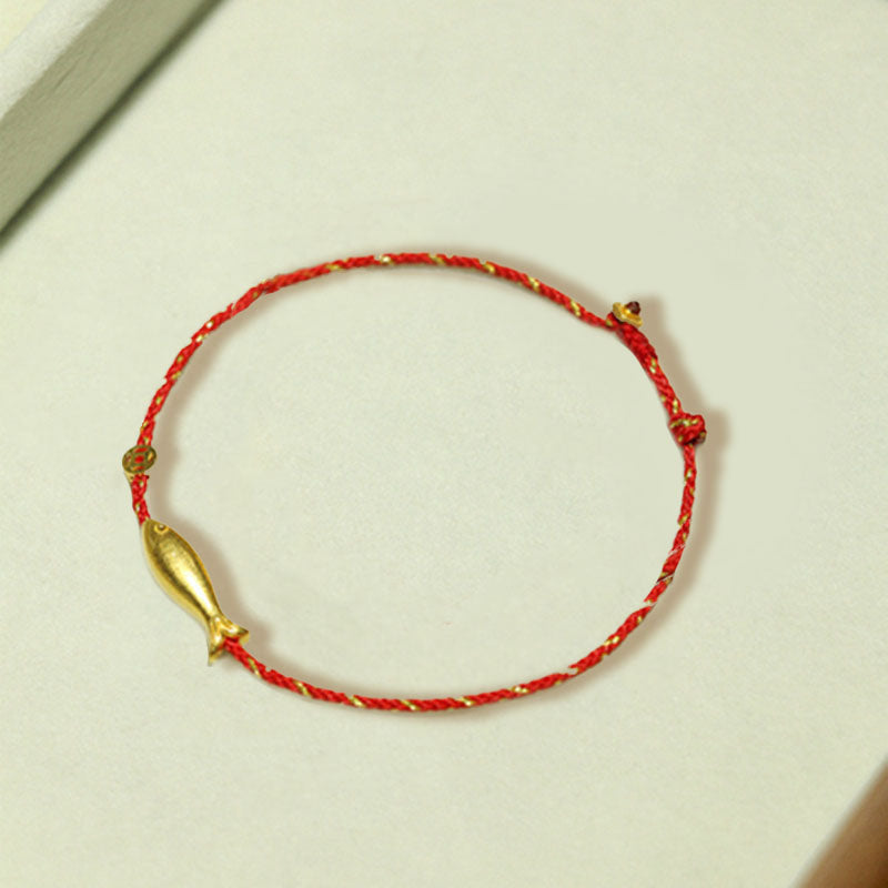 14K Gold Plated Koi Braided Bracelet – gold koi fish charm with tail fin detail, red and gold braided cord bracelet