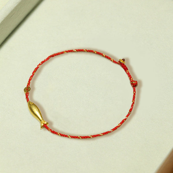 14K Gold Plated Koi Braided Bracelet – gold koi fish charm with tail fin detail, red and gold braided cord bracelet