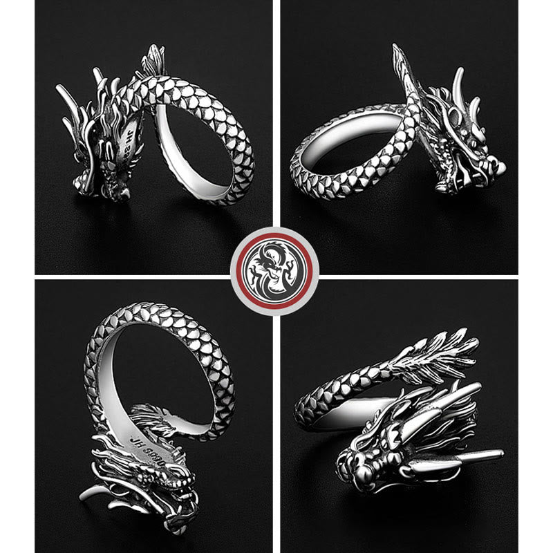 Sterling Silver Dragon Ring - four-angle grid on black, JP 925 stamp visible, detailed craftsmanship