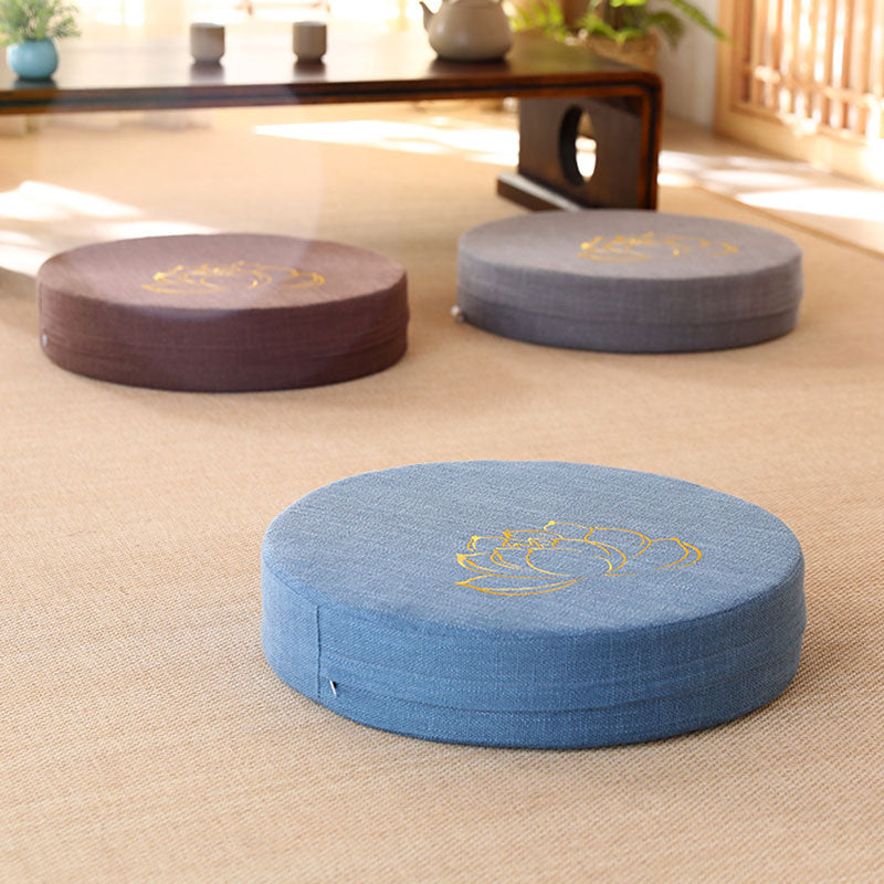 Three Lotus Zafu Cushions - Blue purple and gray on tatami mat with tea table setup