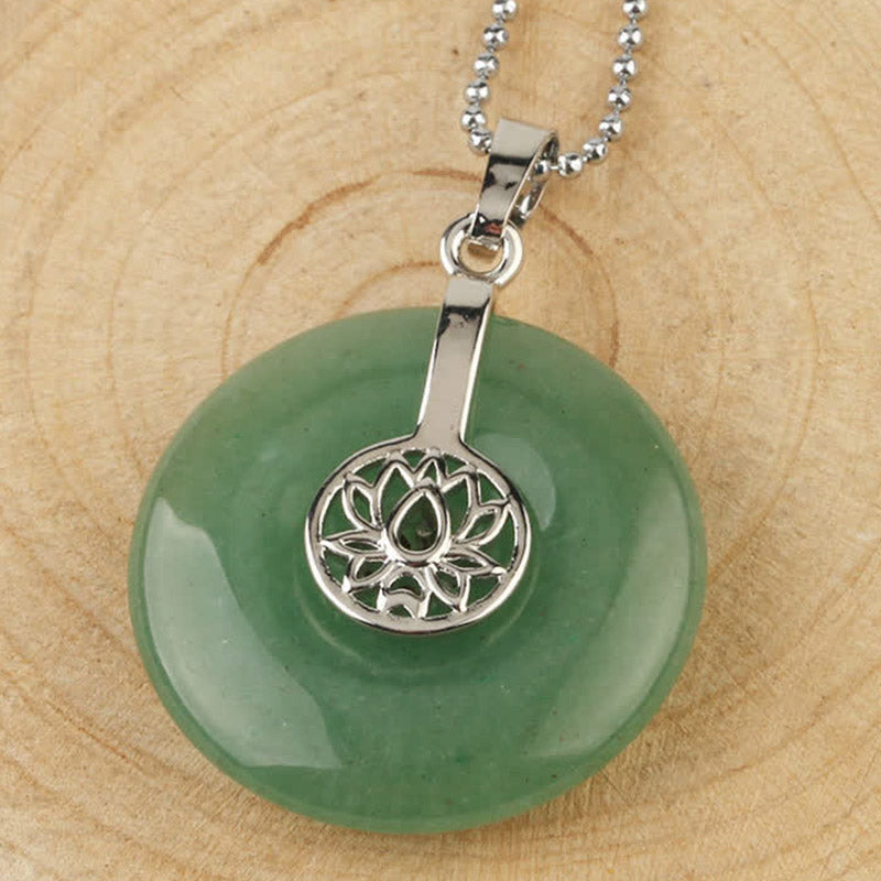 Crystal Amethyst Pink Crystal Lotus Necklace – Green aventurine lotus donut pendant on wood, sage green jade stone with silver chain