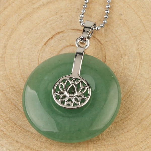 Crystal Amethyst Pink Crystal Lotus Necklace – Green aventurine lotus donut pendant on wood, sage green jade stone with silver chain