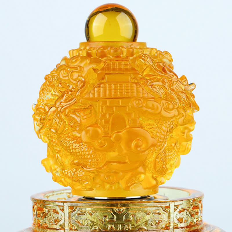 Amber Liuli Dragon Bottle – Golden crystal snuff bottle with dragon pagoda carving on gold stand, Culture