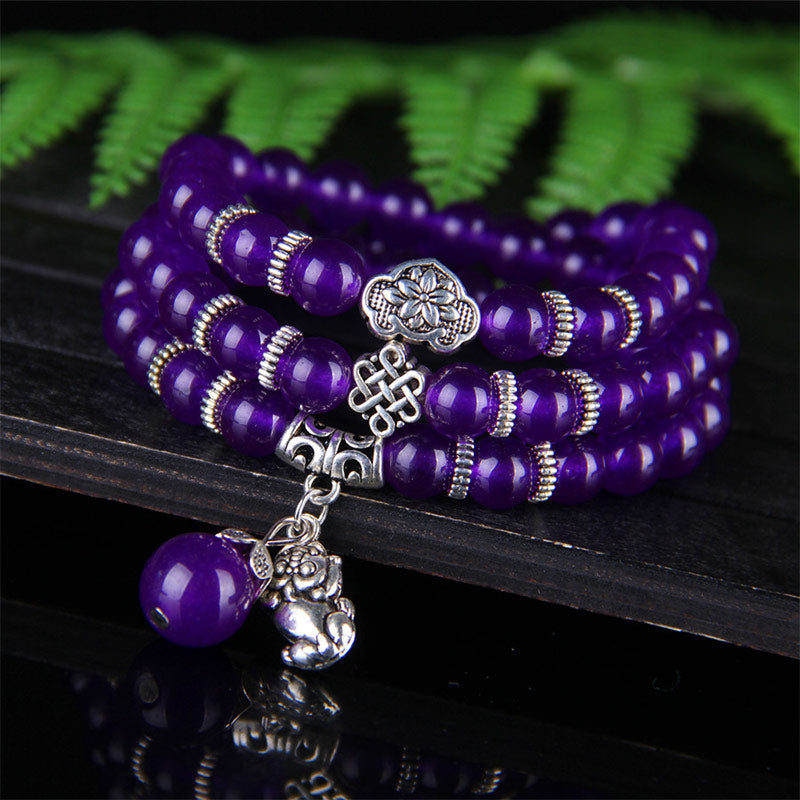 Amethyst PiXiu Bracelet – Purple amethyst wraps with silver PiXiu, knot on wood