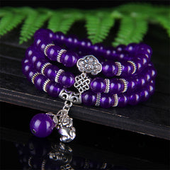 Amethyst PiXiu Bracelet – Purple amethyst wraps with silver PiXiu, knot on wood