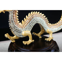 Handmade Feng Shui Dragon Decoration – Gold dragon mid-body, clear and amber crystal scales on dark wood base, Crafted
