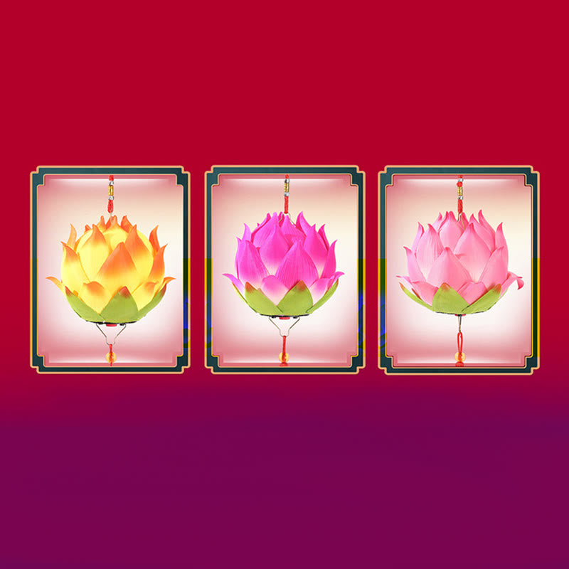 DIY Lotus Dragon Lantern Tassel Lamp – Three lotus color variants in yellow magenta pink on crimson, Color selection